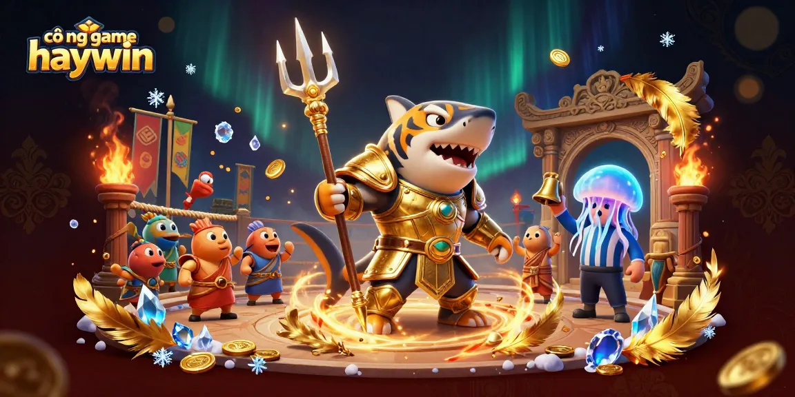 Engage in thrilling gameplay with cổng game haywin, featuring a fierce tiger shark in a dynamic underwater colosseum.