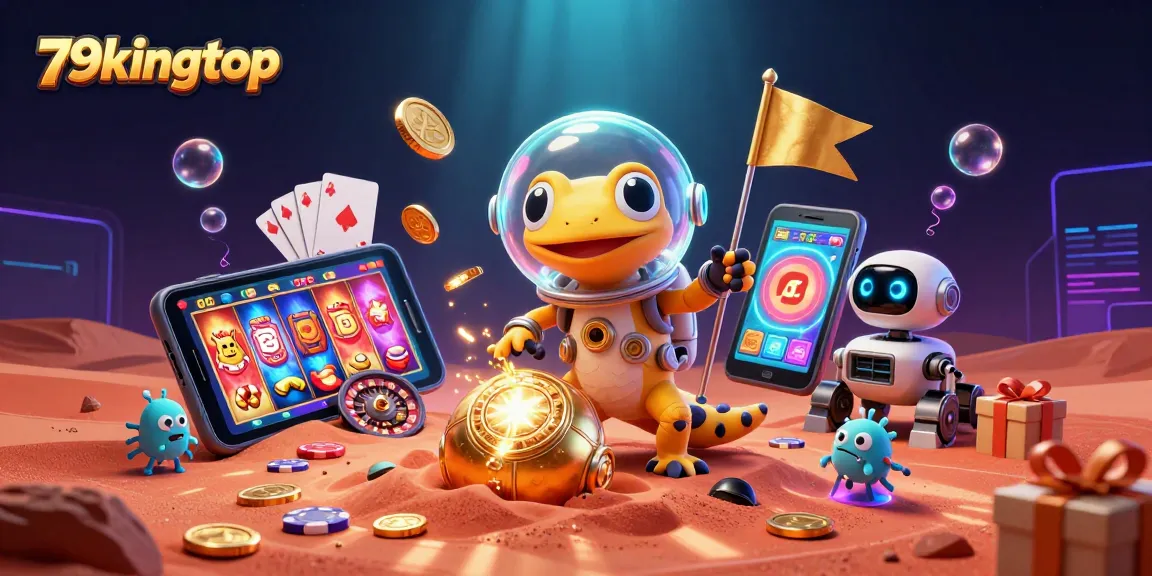 Experience the thrill of winning at 79kingtop with a Martian gecko exploring a golden casino.