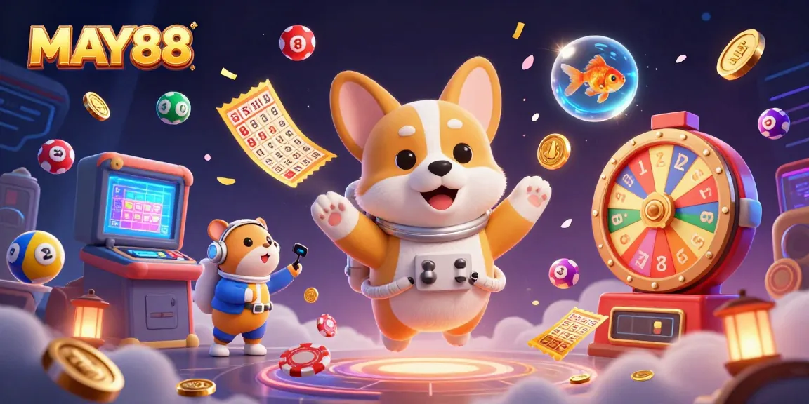 MAY88 captures a lively 3D casino scene with an astronaut corgi, mission-control hamster, and fish amidst lottery excitement.
