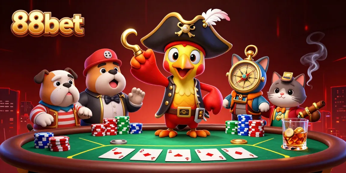 Bet big with 88bet in a lively casino scene featuring a pirate captain and poker action.