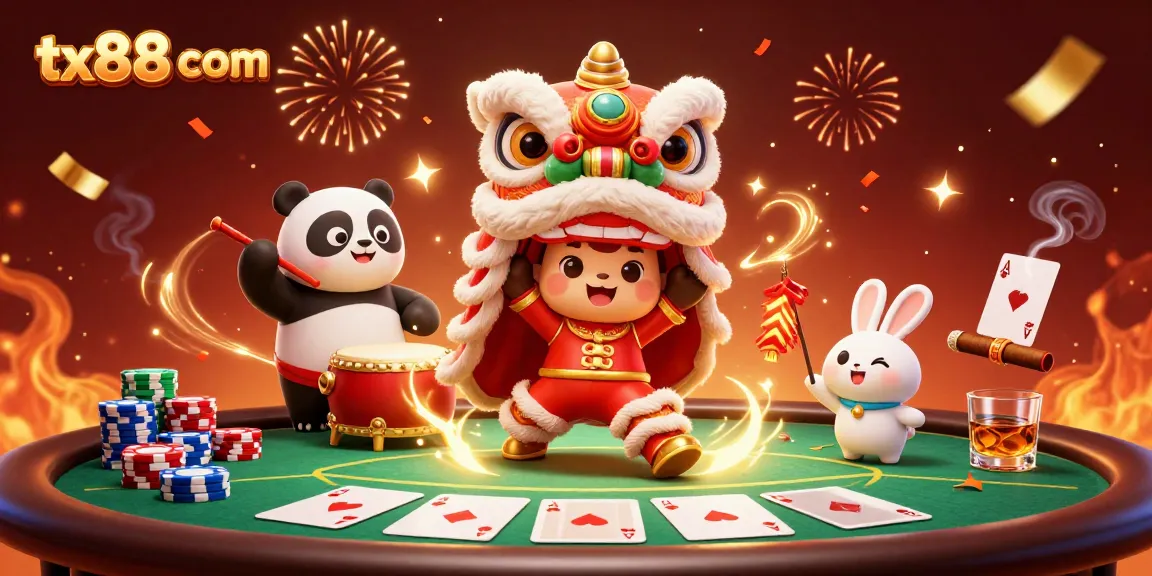 Experience the colorful celebration at tx88 com with a lively lion dance and poker elements.