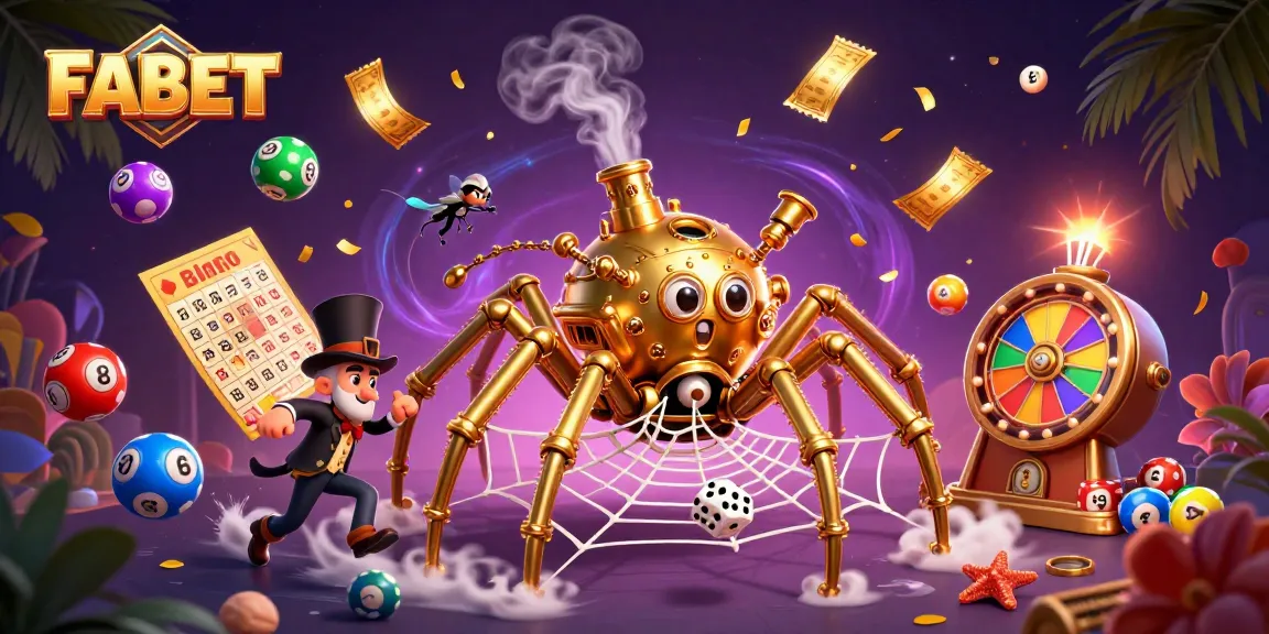 Experience thrilling gaming at FABET with a 3D illustration of a golden spider in a casino web.